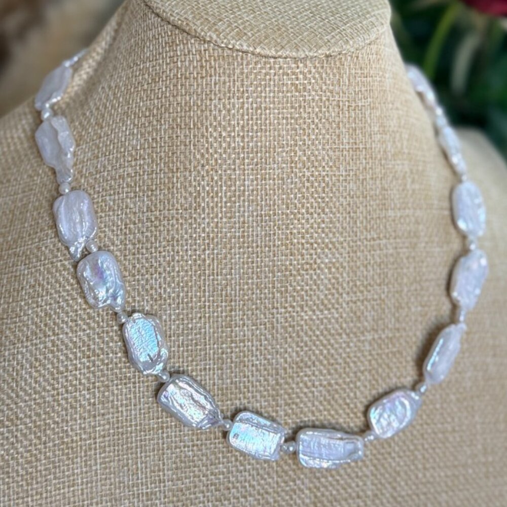 Adjustable 18.5" - 20.5" Baroque Rectangular Pearl Necklace • Genuine Biwa Style